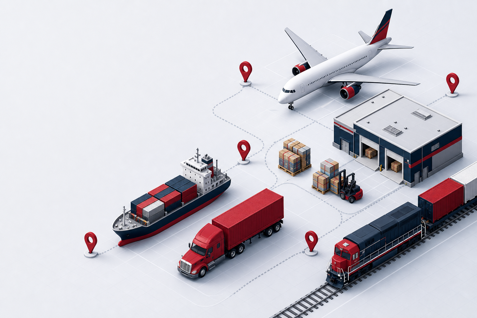Original isometric illustration of a multimodal logistics network with truck, train, ship, aircraft, warehouse, pallets, and route markers
