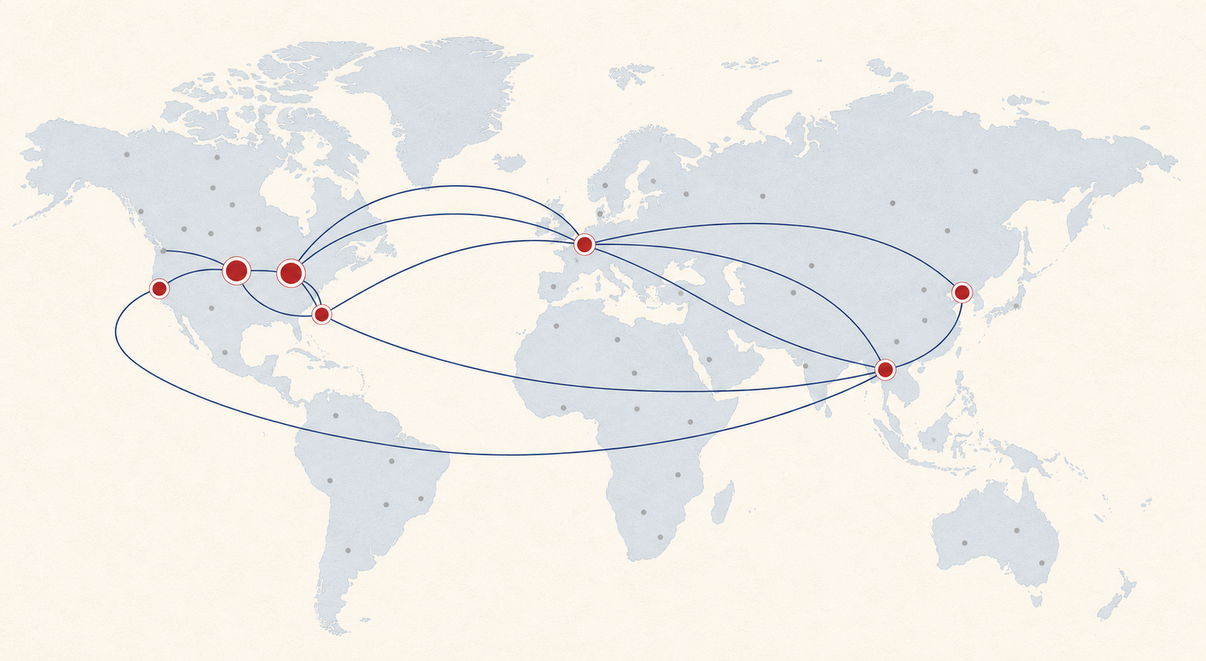 Original world freight map with North American, European, and Asian logistics hubs connected by route arcs